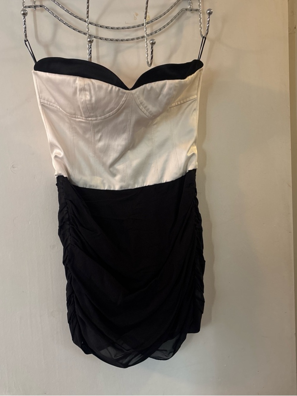 Vintage bebe Black and Ivory Strapless Ruched Cocktail Dress